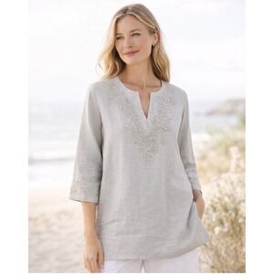 Women's Large Neutral Linen Embroidered Tunic Top Coastal Resortwear